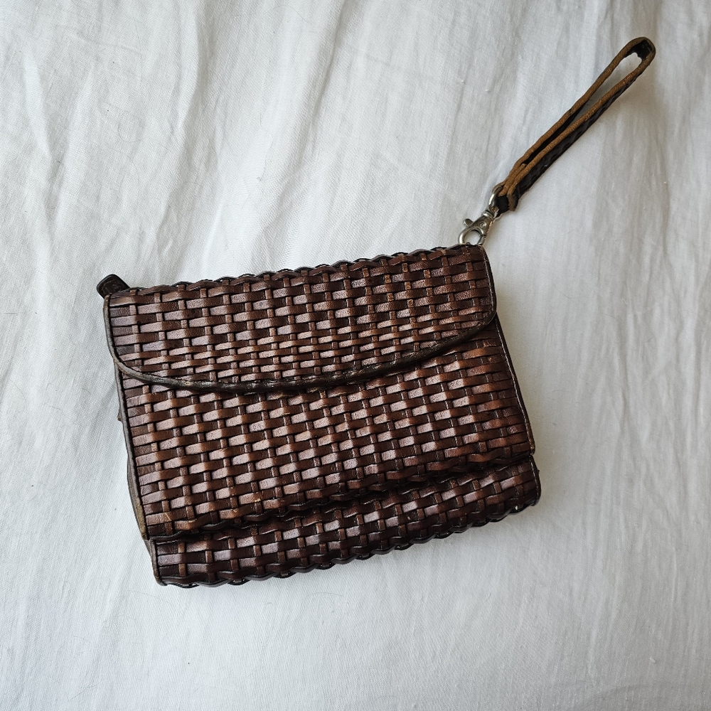 Brown Woven Clutch with Wrist Strap